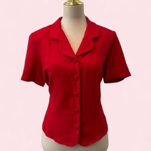Vintage Sag Harbor Red Button Up Blouse Notch Collar Short Sleeve Size L